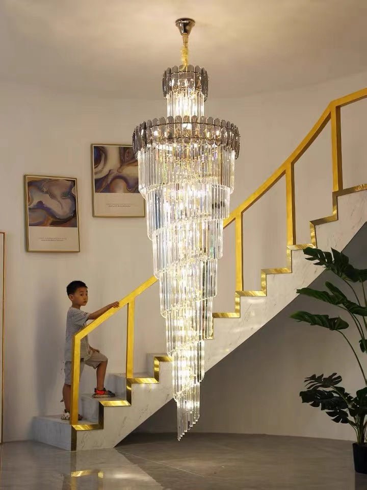 Luxury Extra Large Foyer Spiral Staircase Chandelier Long Crystal Ceiling Light Fixture For Living Room Hall Entrance - fovolighting