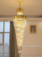 Luxury Gold Trimmed Long Crystal Chandelier Foyer Staircase Extra Large Ceiling Light Fixture - fovolighting