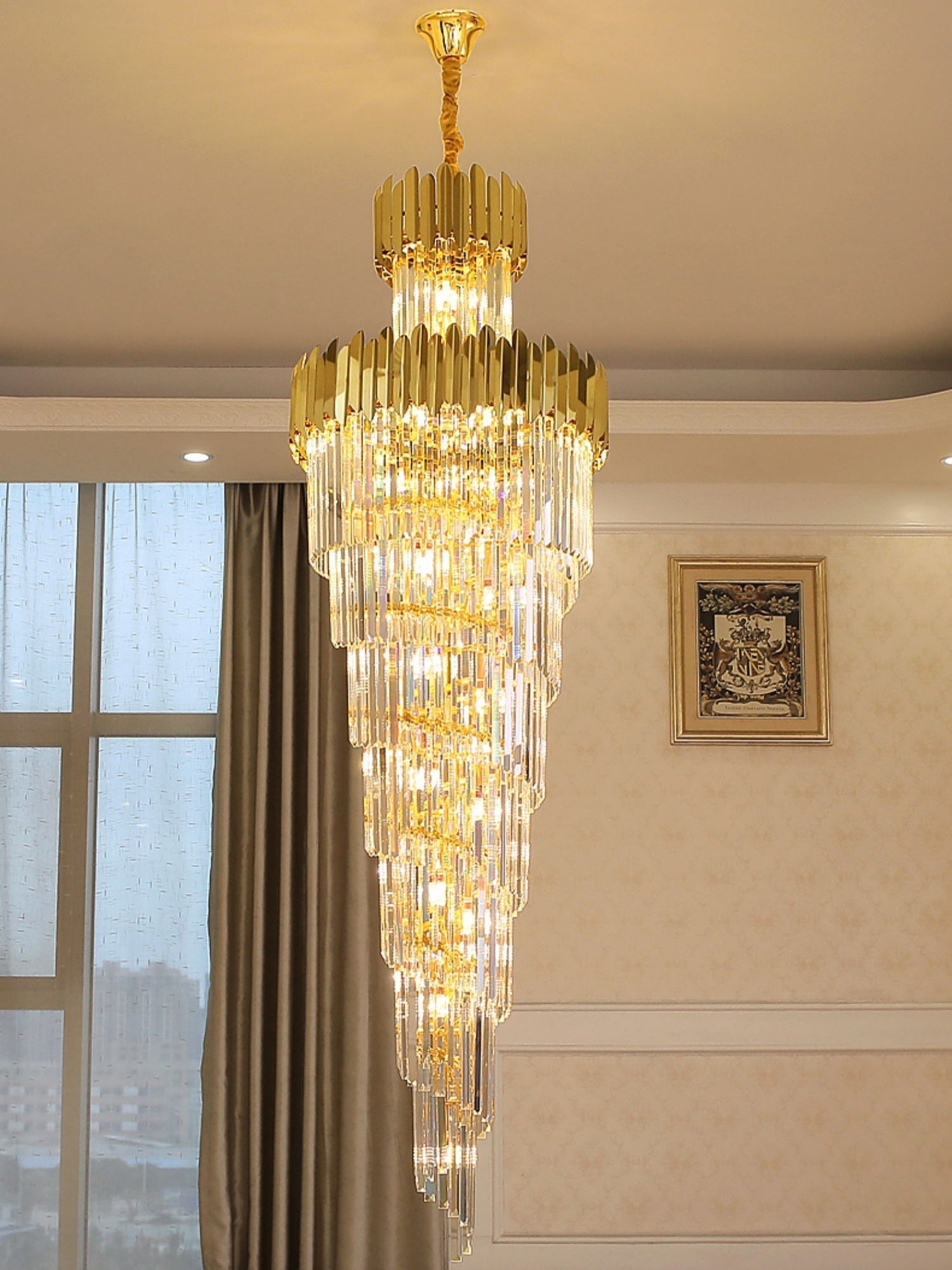 Luxury Gold Trimmed Long Crystal Chandelier Foyer Staircase Extra Large Ceiling Light Fixture - fovolighting