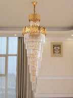 Luxury Gold Trimmed Long Crystal Chandelier Foyer Staircase Extra Large Ceiling Light Fixture - fovolighting