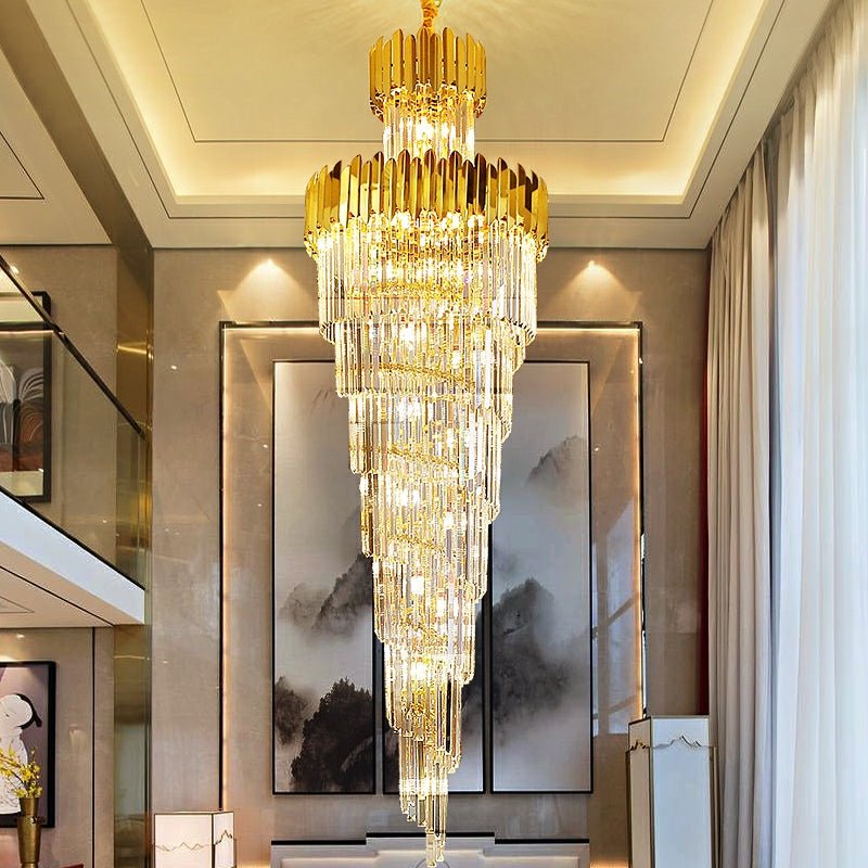 Luxury Gold Trimmed Long Crystal Chandelier Foyer Staircase Extra Large Ceiling Light Fixture - fovolighting