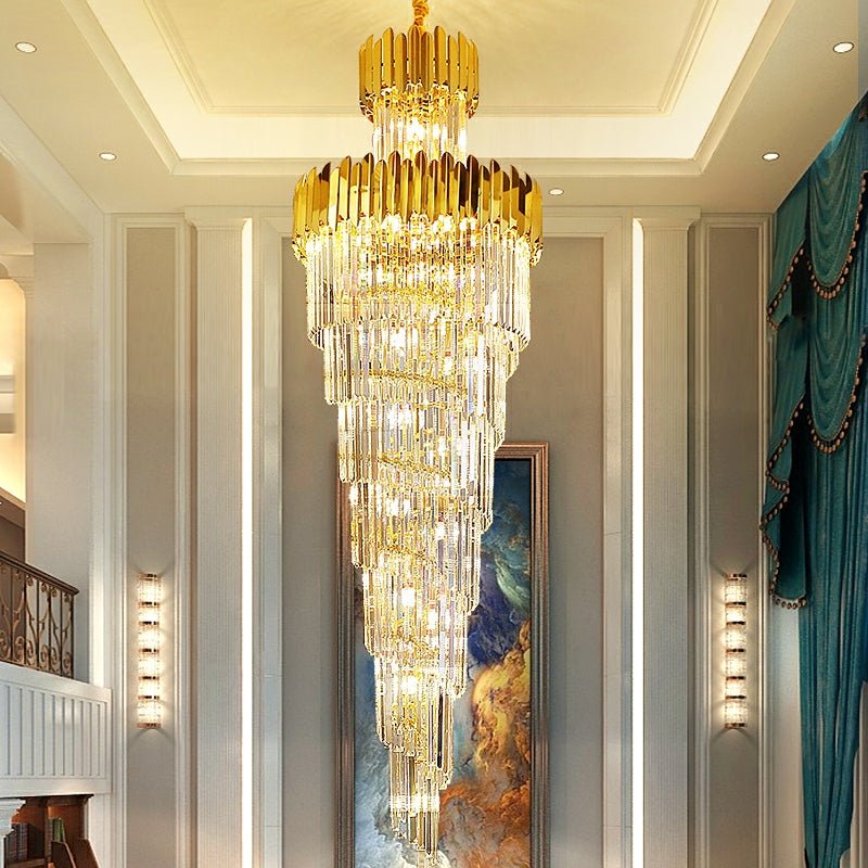 Luxury Gold Trimmed Long Crystal Chandelier Foyer Staircase Extra Large Ceiling Light Fixture - fovolighting