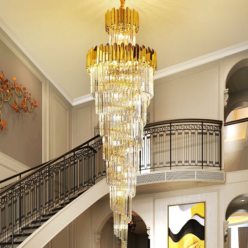 Luxury Gold Trimmed Long Crystal Chandelier Foyer Staircase Extra Large Ceiling Light Fixture - fovolighting