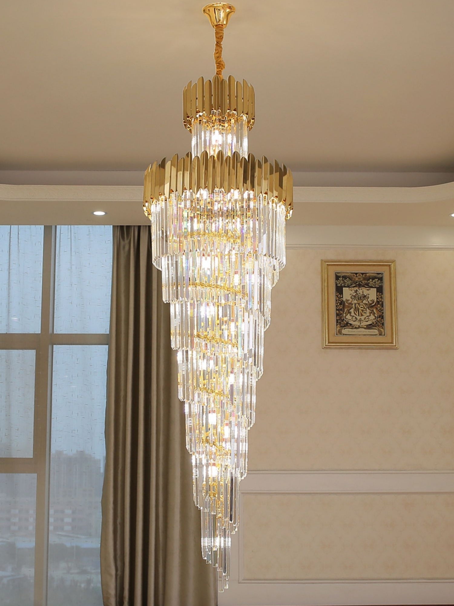 Luxury Gold Trimmed Long Crystal Chandelier Foyer Staircase Extra Large Ceiling Light Fixture - fovolighting