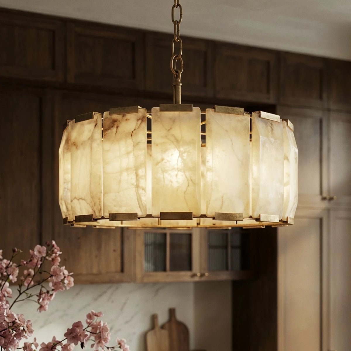 Marlow Calcite Round Chandelier with Natural Alabaster Stone Shades - fovolighting