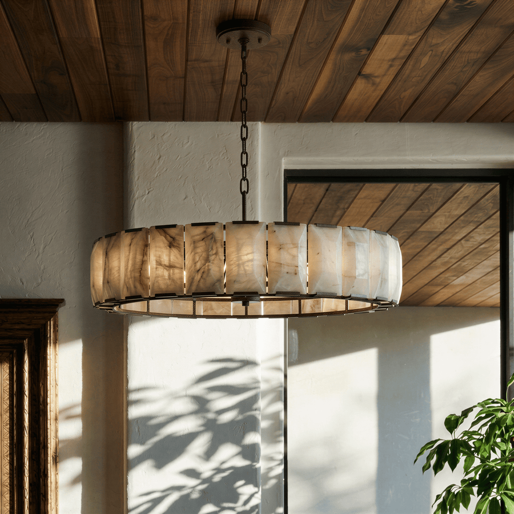 Marlow Calcite Round Chandelier with Natural Alabaster Stone Shades - fovolighting