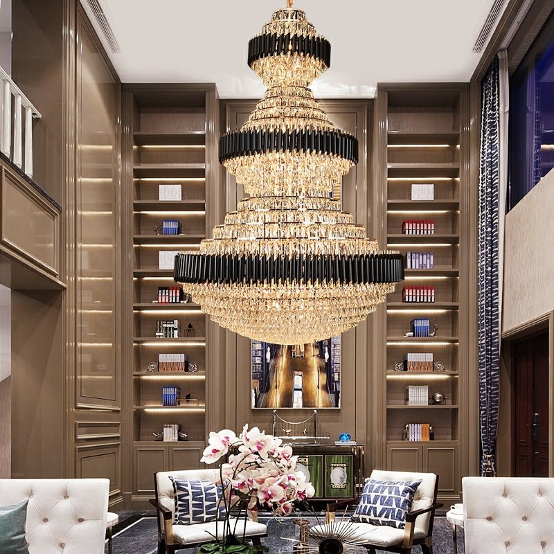 Modern Black Iron Crystal Chandelier For Foyer Staircase Luxurious Design Ceiling Light Fixture - fovolighting