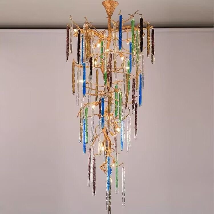 Modern Light Luxury Brass Branches Colored Glass Column Chandelier for Staircase/Living Room/High - ceiling Space - fovolighting