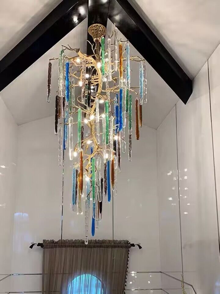 Modern Light Luxury Brass Branches Colored Glass Column Chandelier for Staircase/Living Room/High - ceiling Space - fovolighting