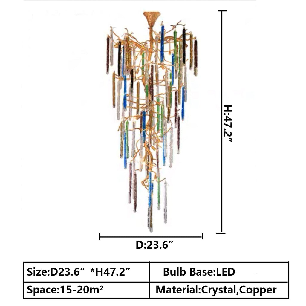 Modern Light Luxury Brass Branches Colored Glass Column Chandelier for Staircase/Living Room/High - ceiling Space - fovolighting