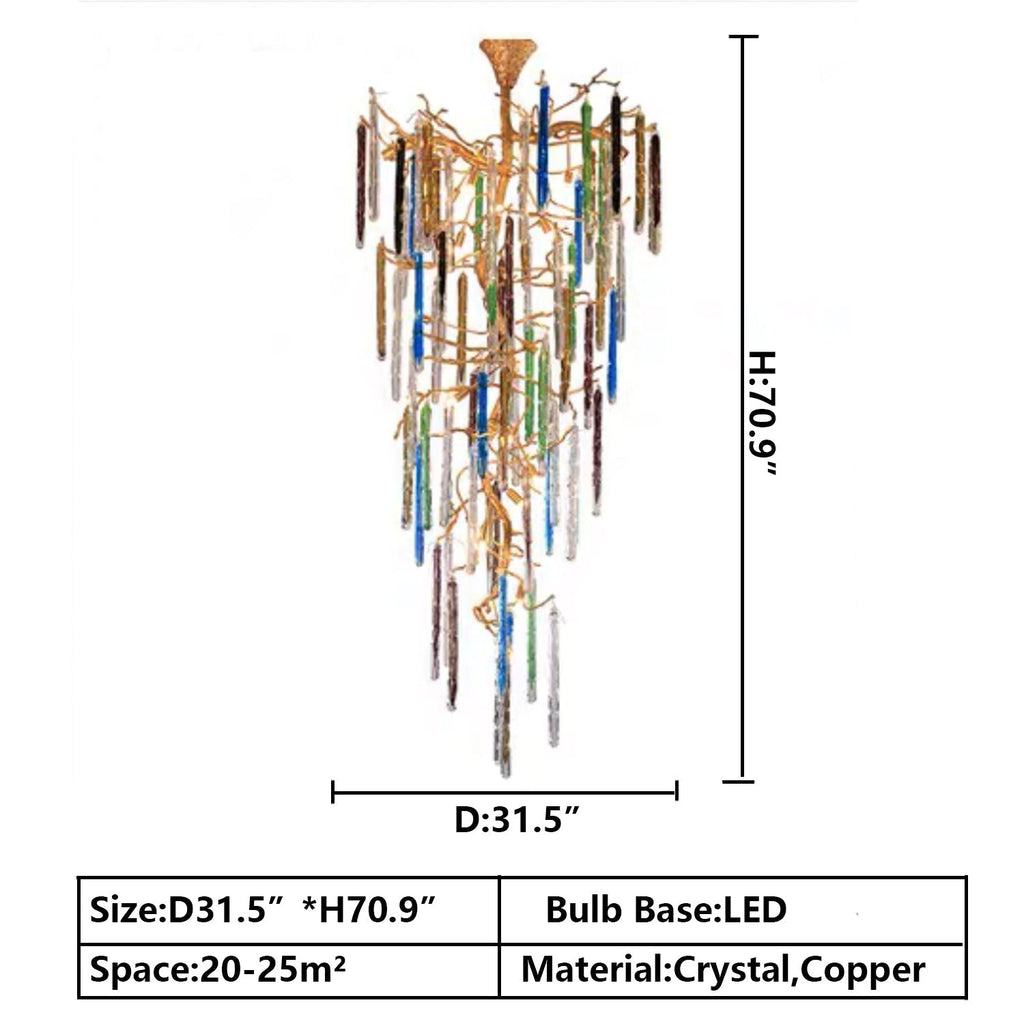 Modern Light Luxury Brass Branches Colored Glass Column Chandelier for Staircase/Living Room/High - ceiling Space - fovolighting
