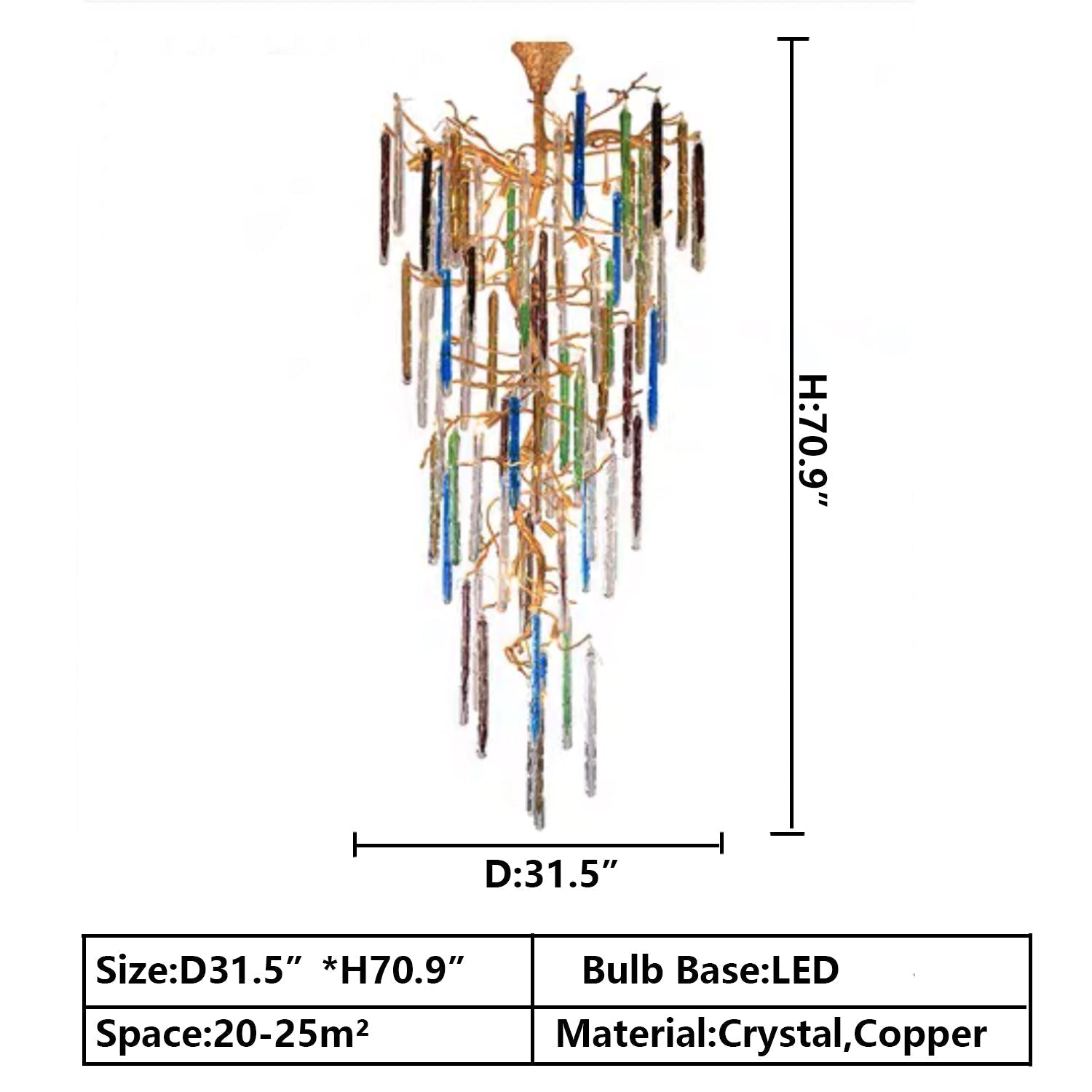 Modern Light Luxury Brass Branches Colored Glass Column Chandelier for Staircase/Living Room/High - ceiling Space - fovolighting