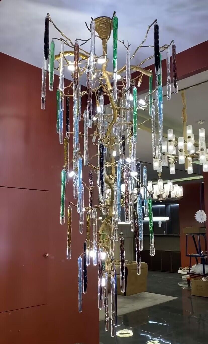 Modern Light Luxury Brass Branches Colored Glass Column Chandelier for Staircase/Living Room/High - ceiling Space - fovolighting
