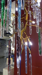 Modern Light Luxury Brass Branches Colored Glass Column Chandelier for Staircase/Living Room/High - ceiling Space - fovolighting