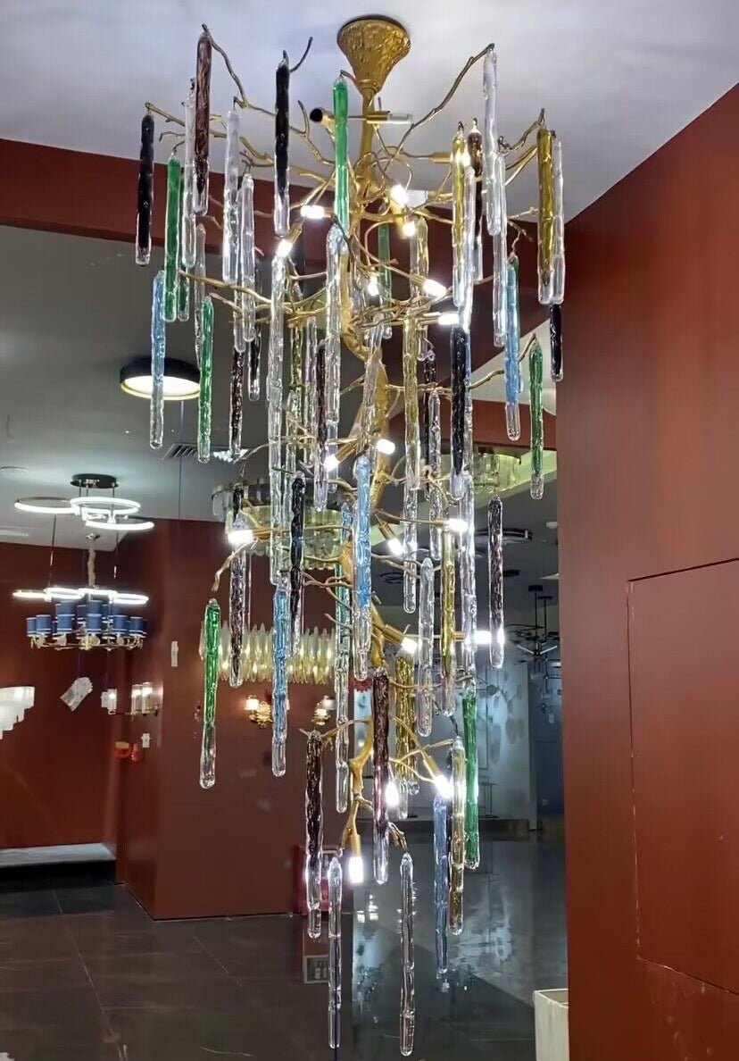 Modern Light Luxury Brass Branches Colored Glass Column Chandelier for Staircase/Living Room/High - ceiling Space - fovolighting