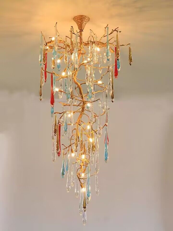 Modern Light Luxury Brass Branches Colored Glass Column Chandelier for Staircase/Living Room/High - ceiling Space - fovolighting