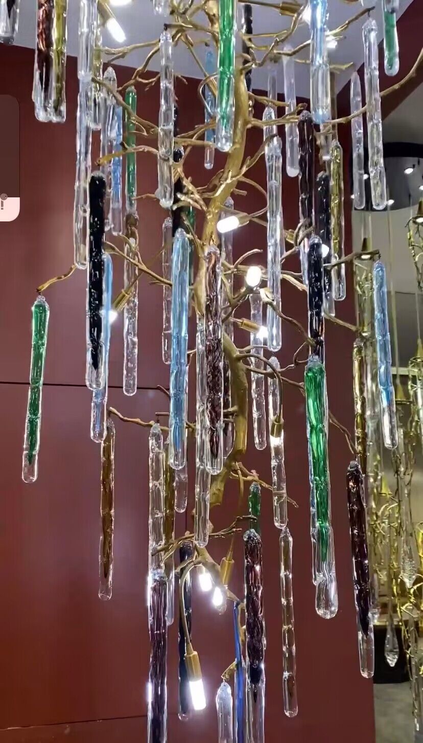 Modern Light Luxury Brass Branches Colored Glass Column Chandelier for Staircase/Living Room/High - ceiling Space - fovolighting