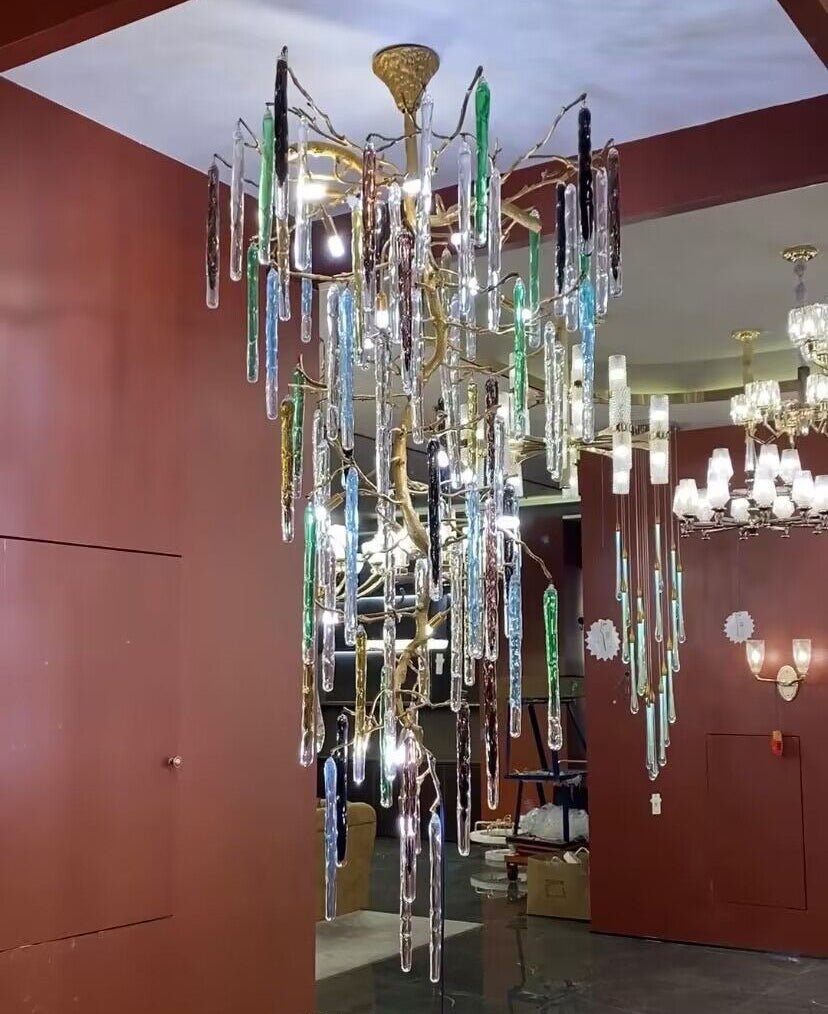 Modern Light Luxury Brass Branches Colored Glass Column Chandelier for Staircase/Living Room/High - ceiling Space - fovolighting