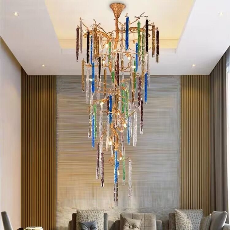 Modern Light Luxury Brass Branches Colored Glass Column Chandelier for Staircase/Living Room/High - ceiling Space - fovolighting