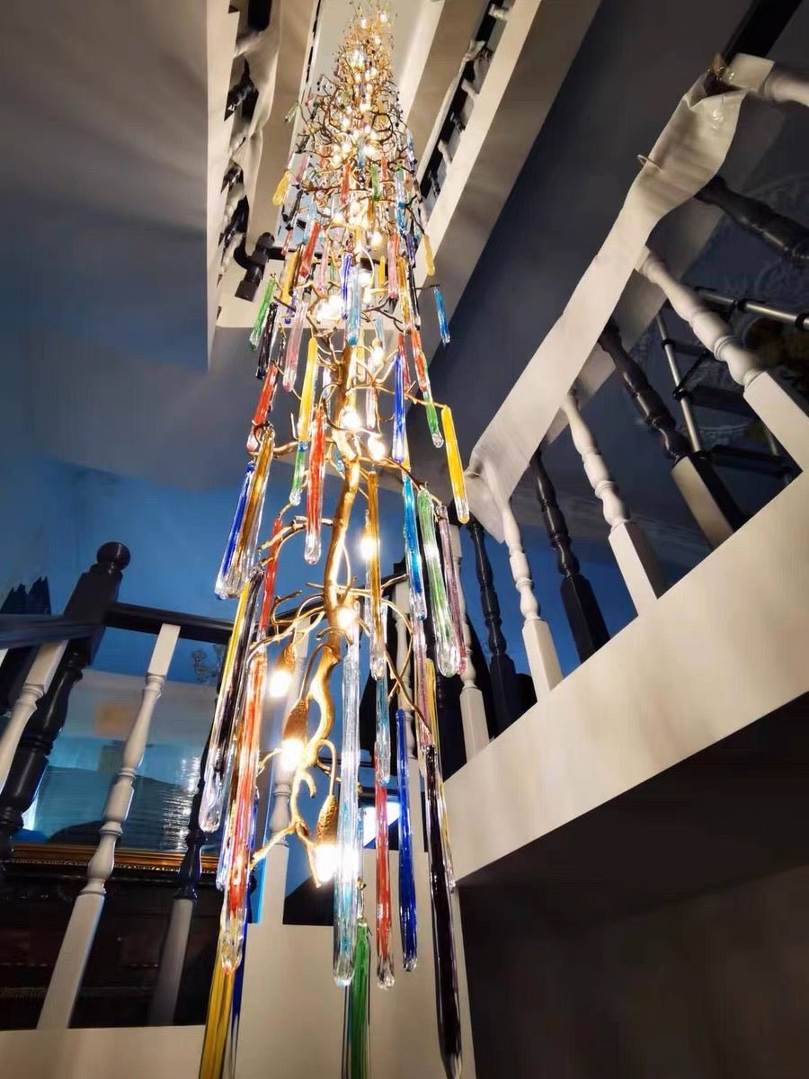 Modern Light Luxury Brass Branches Colored Glass Column Chandelier for Staircase/Living Room/High - ceiling Space - fovolighting