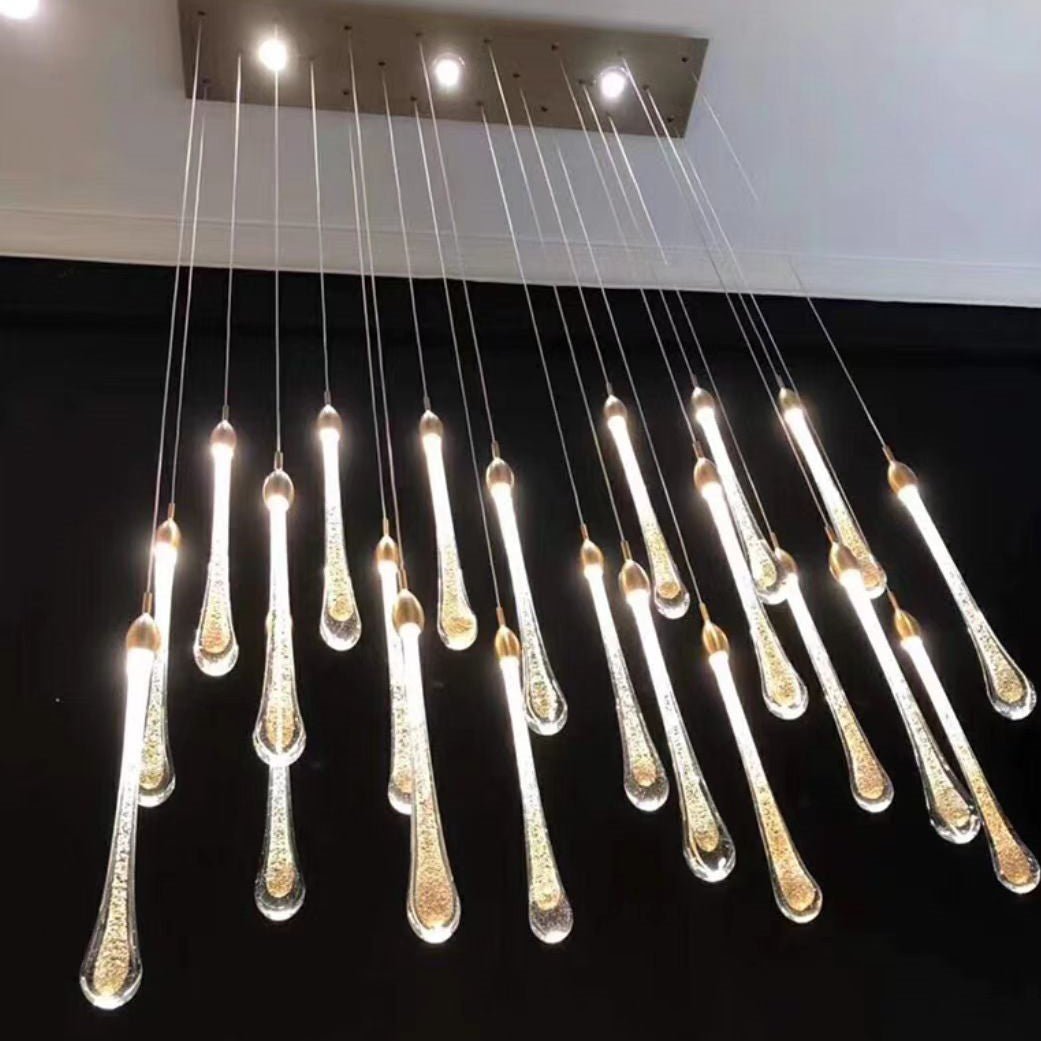 Modern Long Gold Glass Raindrop Rod Pendant Light for Staircase/High - ceiling room - fovolighting