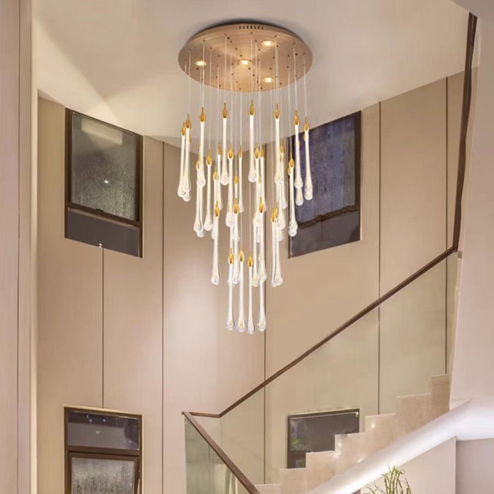 Modern Long Gold Glass Raindrop Rod Pendant Light for Staircase/High - ceiling room - fovolighting