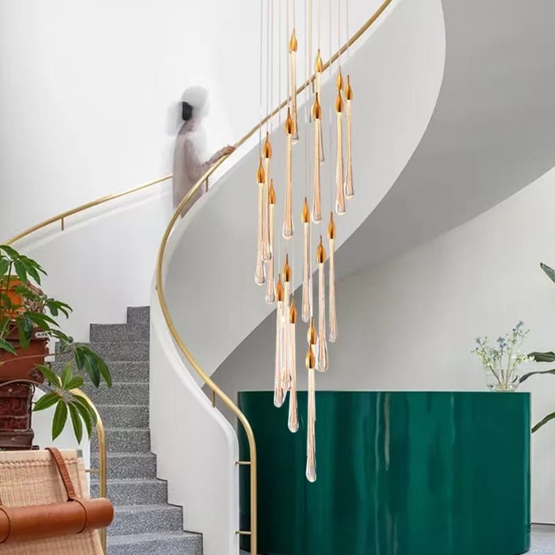 Modern Long Gold Glass Raindrop Rod Pendant Light for Staircase/High - ceiling room - fovolighting