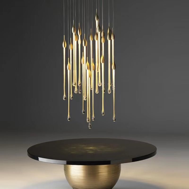 Modern Long Gold Glass Raindrop Rod Pendant Light for Staircase/High - ceiling room - fovolighting