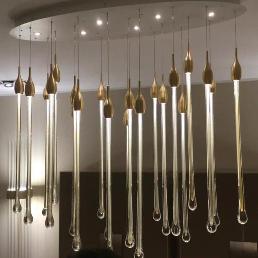 Modern Long Gold Glass Raindrop Rod Pendant Light for Staircase/High - ceiling room - fovolighting