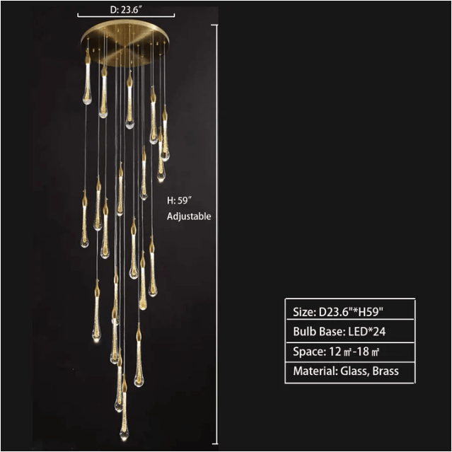 Modern Long Gold Glass Raindrop Rod Pendant Light for Staircase/High - ceiling room - fovolighting