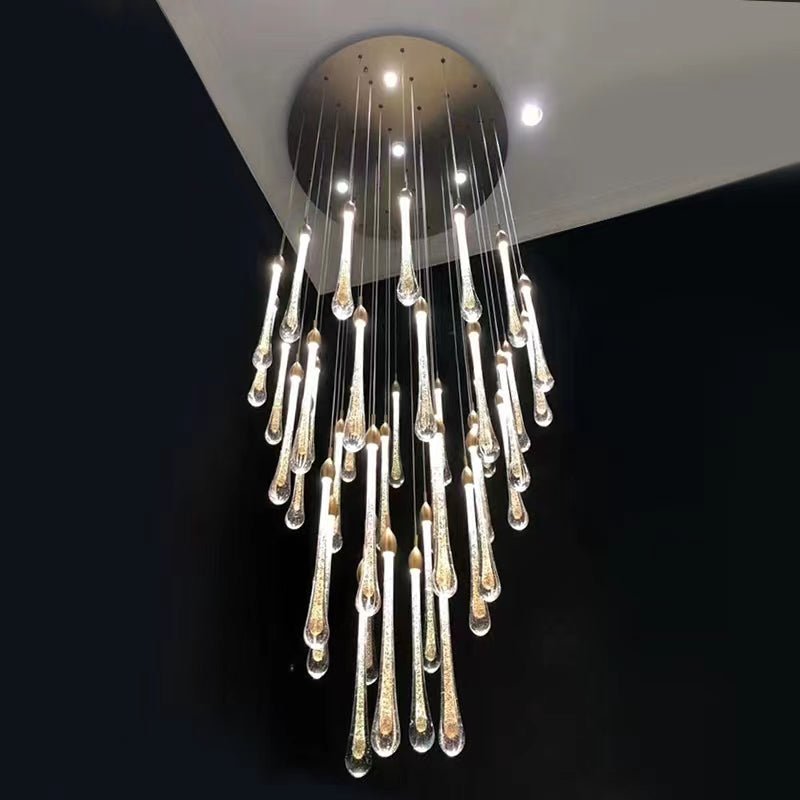 Modern Long Gold Glass Raindrop Rod Pendant Light for Staircase/High - ceiling room - fovolighting