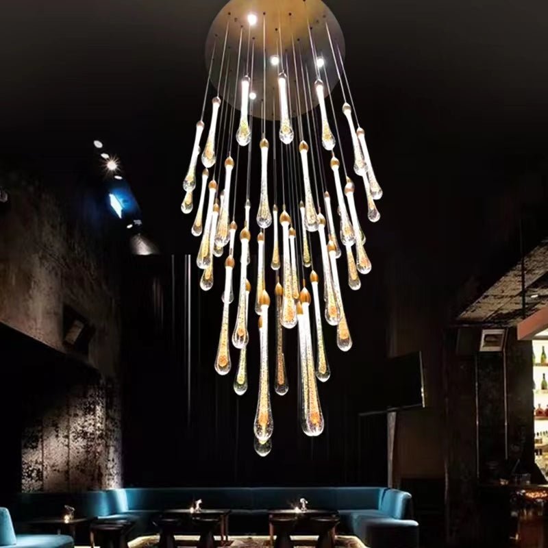Modern Long Gold Glass Raindrop Rod Pendant Light for Staircase/High - ceiling room - fovolighting