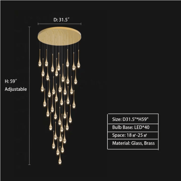 Modern Long Gold Glass Raindrop Rod Pendant Light for Staircase/High - ceiling room - fovolighting