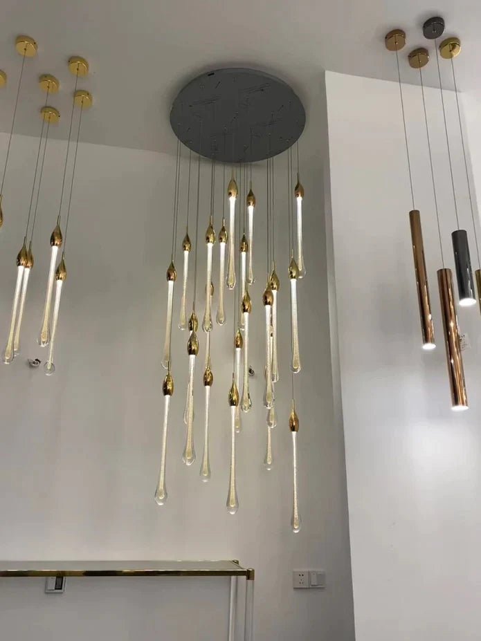 Modern Long Gold Glass Raindrop Rod Pendant Light for Staircase/High - ceiling room - fovolighting