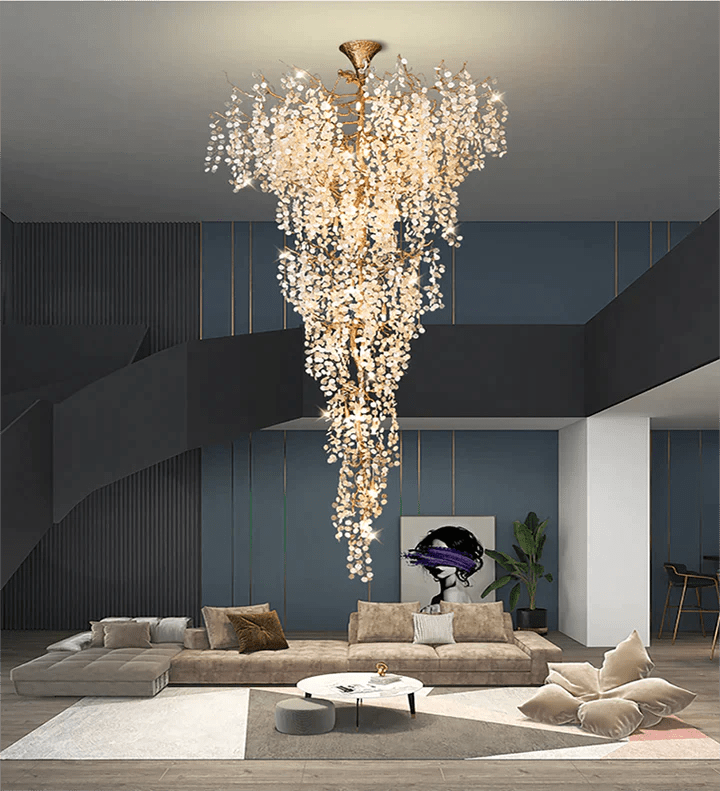 Modern Unique Artistic Flower Brass Branch Semi - flush Mount Chandelier for Living Room/ Hallway/ Entryway/ Staircase - fovolighting