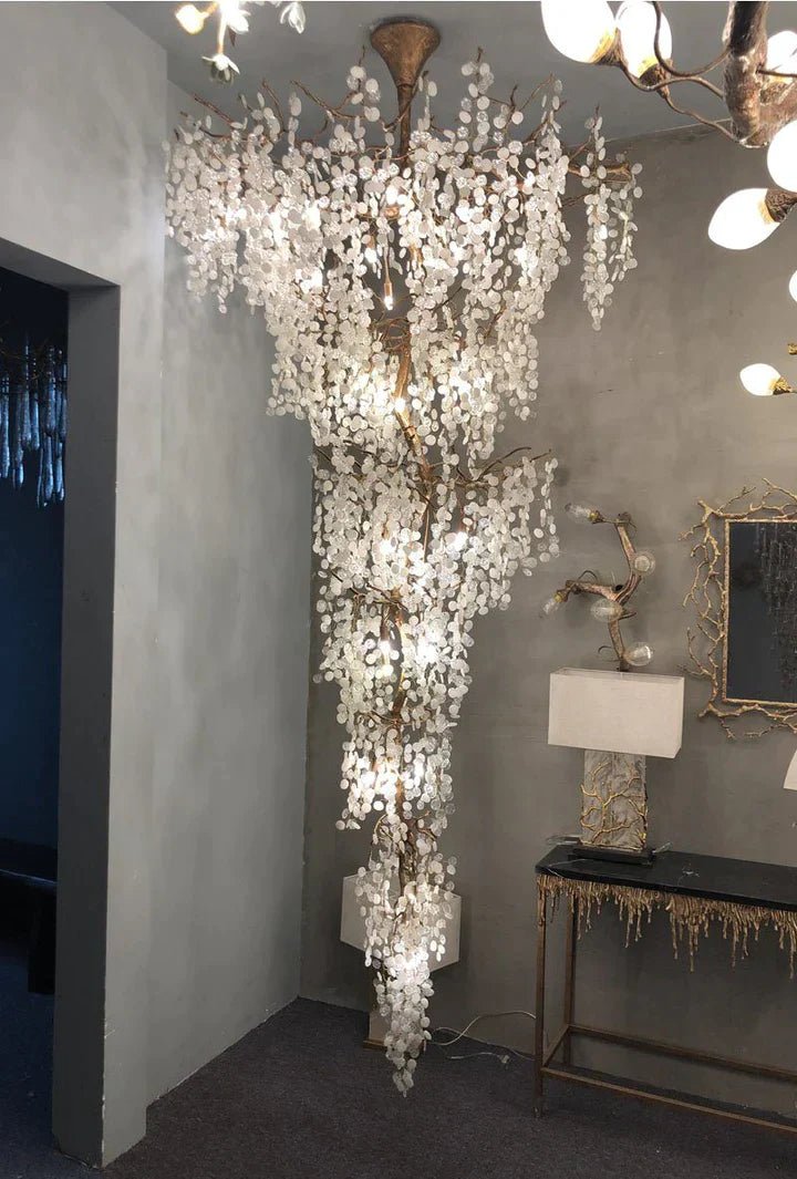 Modern Unique Artistic Flower Brass Branch Semi - flush Mount Chandelier for Living Room/ Hallway/ Entryway/ Staircase - fovolighting