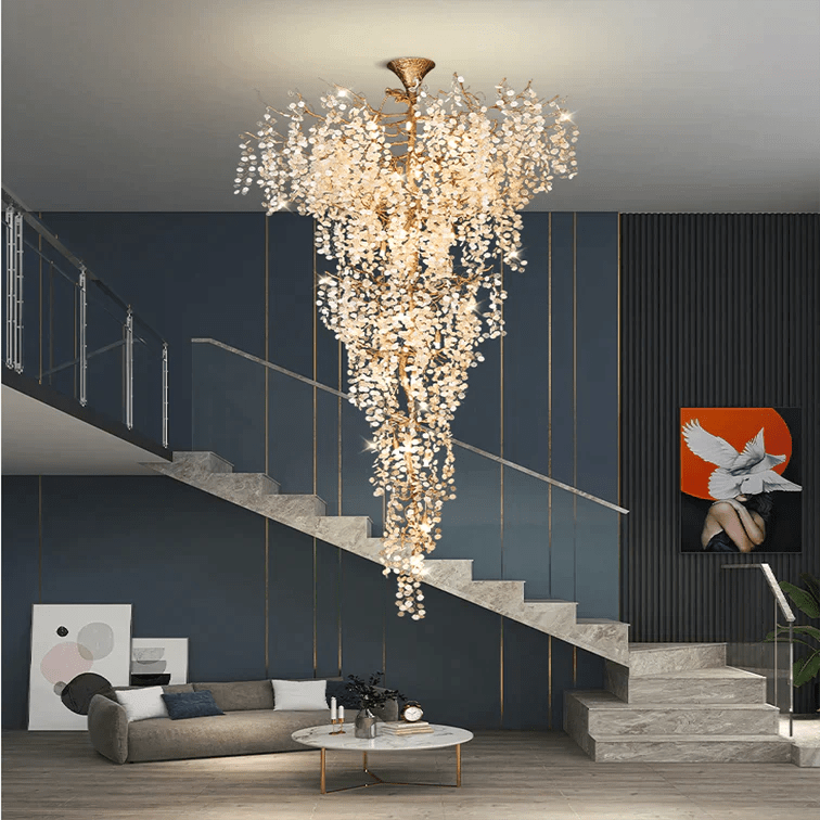 Modern Unique Artistic Flower Brass Branch Semi - flush Mount Chandelier for Living Room/ Hallway/ Entryway/ Staircase - fovolighting