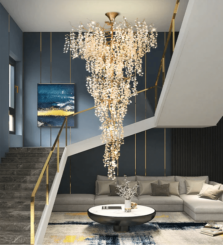 Modern Unique Artistic Flower Brass Branch Semi - flush Mount Chandelier for Living Room/ Hallway/ Entryway/ Staircase - fovolighting
