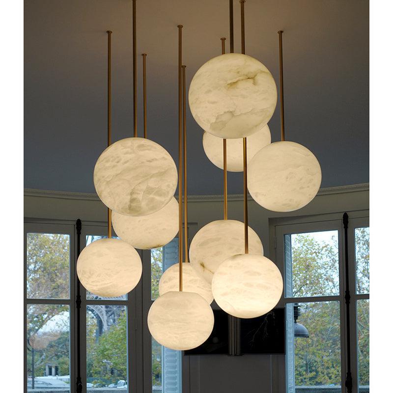 Nami Alabaster Sphere Staircase Chandelier Brass Multi Pendant Light - fovolighting