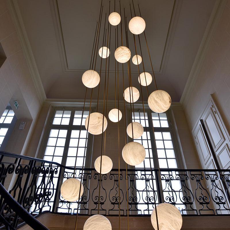 Nami Alabaster Sphere Staircase Chandelier Brass Multi Pendant Light - fovolighting