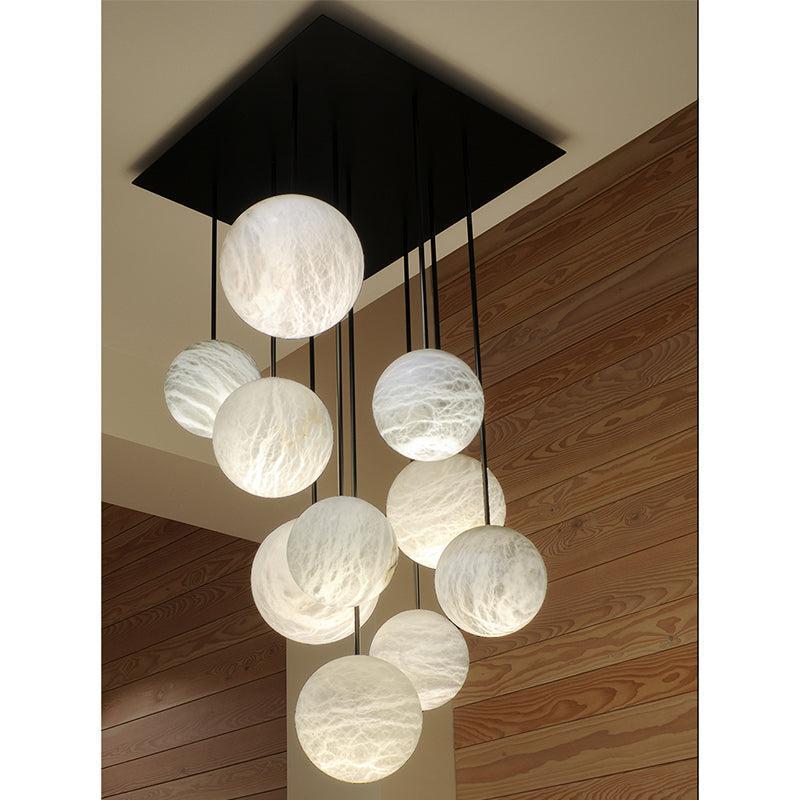 Nami Alabaster Sphere Staircase Chandelier Brass Multi Pendant Light - fovolighting