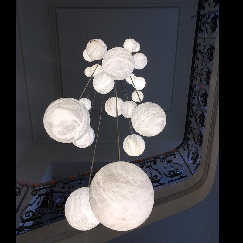 Nami Alabaster Sphere Staircase Chandelier Brass Multi Pendant Light - fovolighting