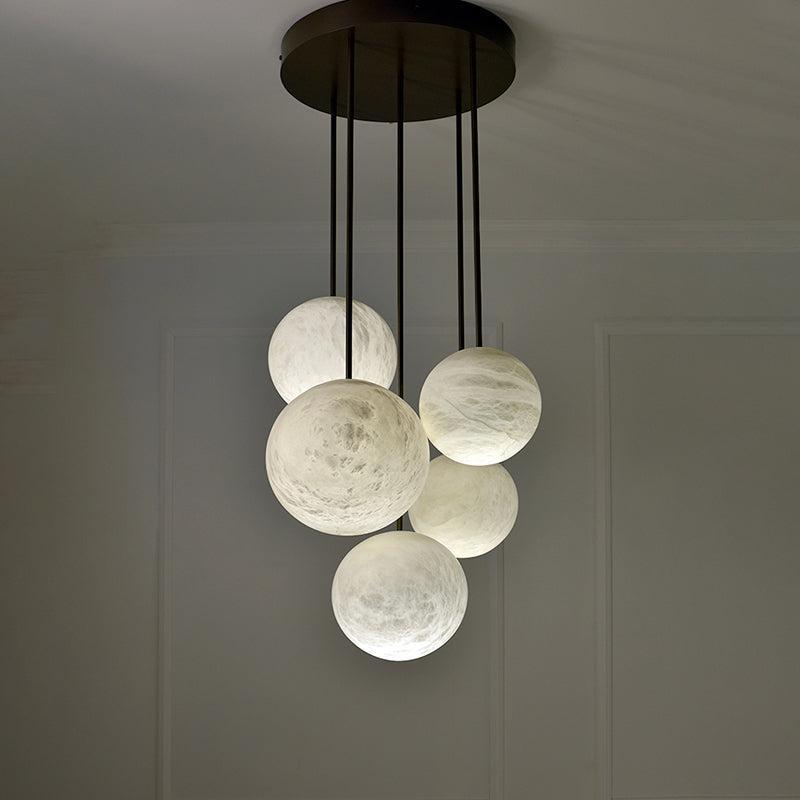Nami Alabaster Sphere Staircase Chandelier Brass Multi Pendant Light - fovolighting