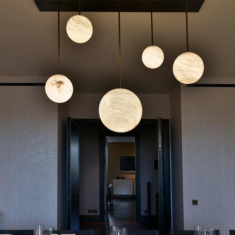Nami Alabaster Sphere Staircase Chandelier Brass Multi Pendant Light - fovolighting