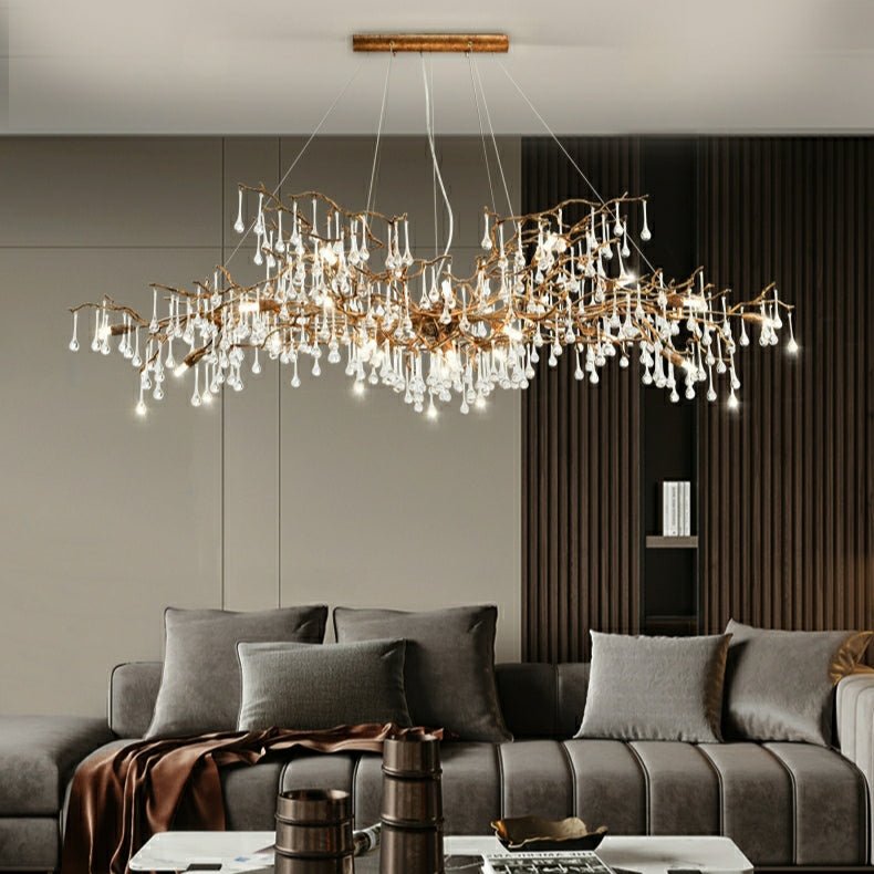 New Style Extra Large Brass Branch Chandelier Light Crystal Drops Pendant Lamp For Living/ Dining Room - fovolighting