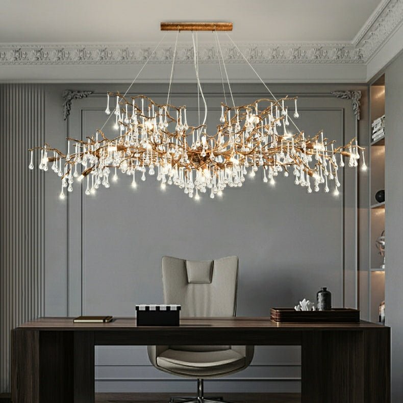 New Style Extra Large Brass Branch Chandelier Light Crystal Drops Pendant Lamp For Living/ Dining Room - fovolighting