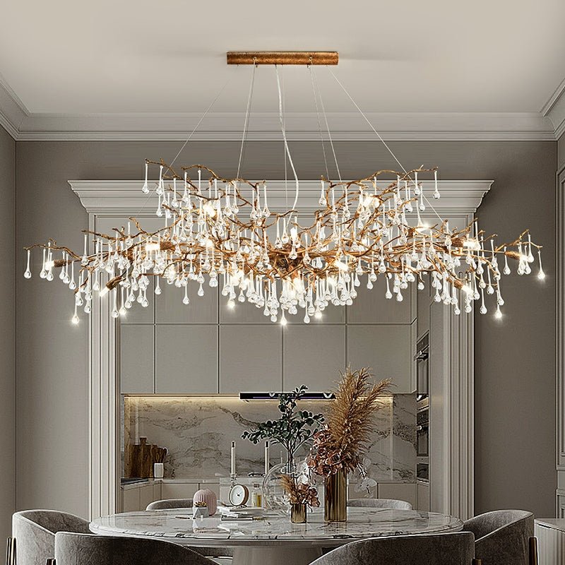 New Style Extra Large Brass Branch Chandelier Light Crystal Drops Pendant Lamp For Living/ Dining Room - fovolighting