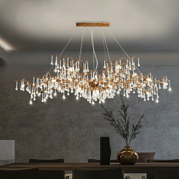 New Style Extra Large Brass Branch Chandelier Light Crystal Drops Pendant Lamp For Living/ Dining Room - fovolighting