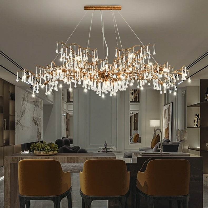 New Style Extra Large Brass Branch Chandelier Light Crystal Drops Pendant Lamp For Living/ Dining Room - fovolighting