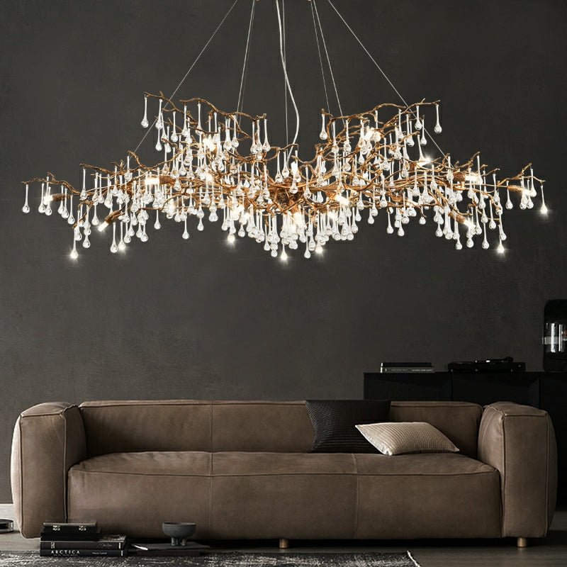 New Style Extra Large Brass Branch Chandelier Light Crystal Drops Pendant Lamp For Living/ Dining Room - fovolighting